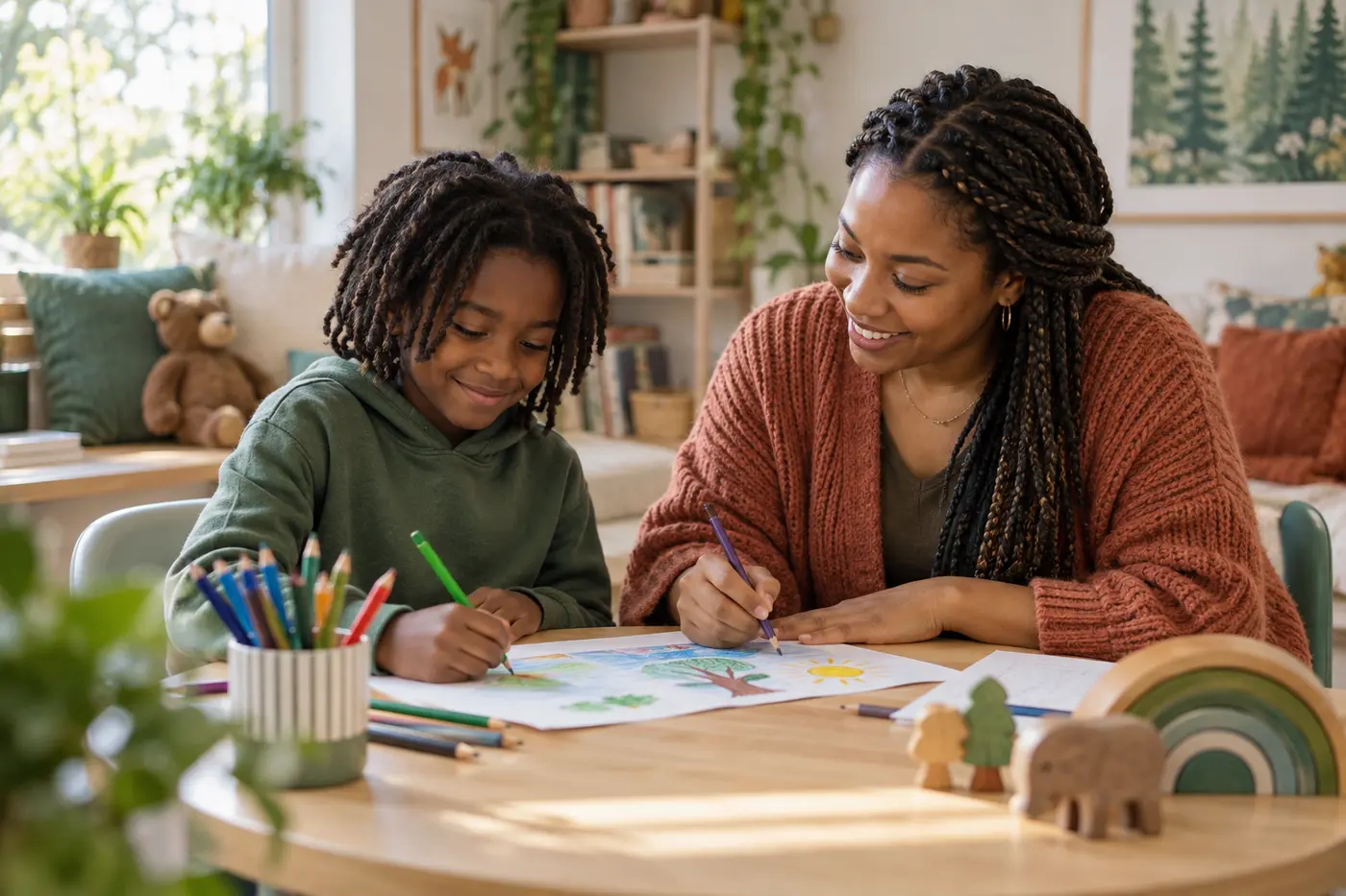 A child and supportive adult drawing together at a table